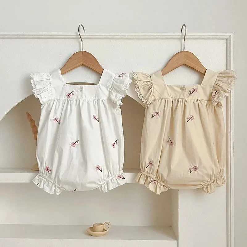 New Summer Collection: Newborn Girls\' Lace Flutter Sleeve Embroidered Floral Cotton Jumpsuits, Adorable Infant Bodysuits