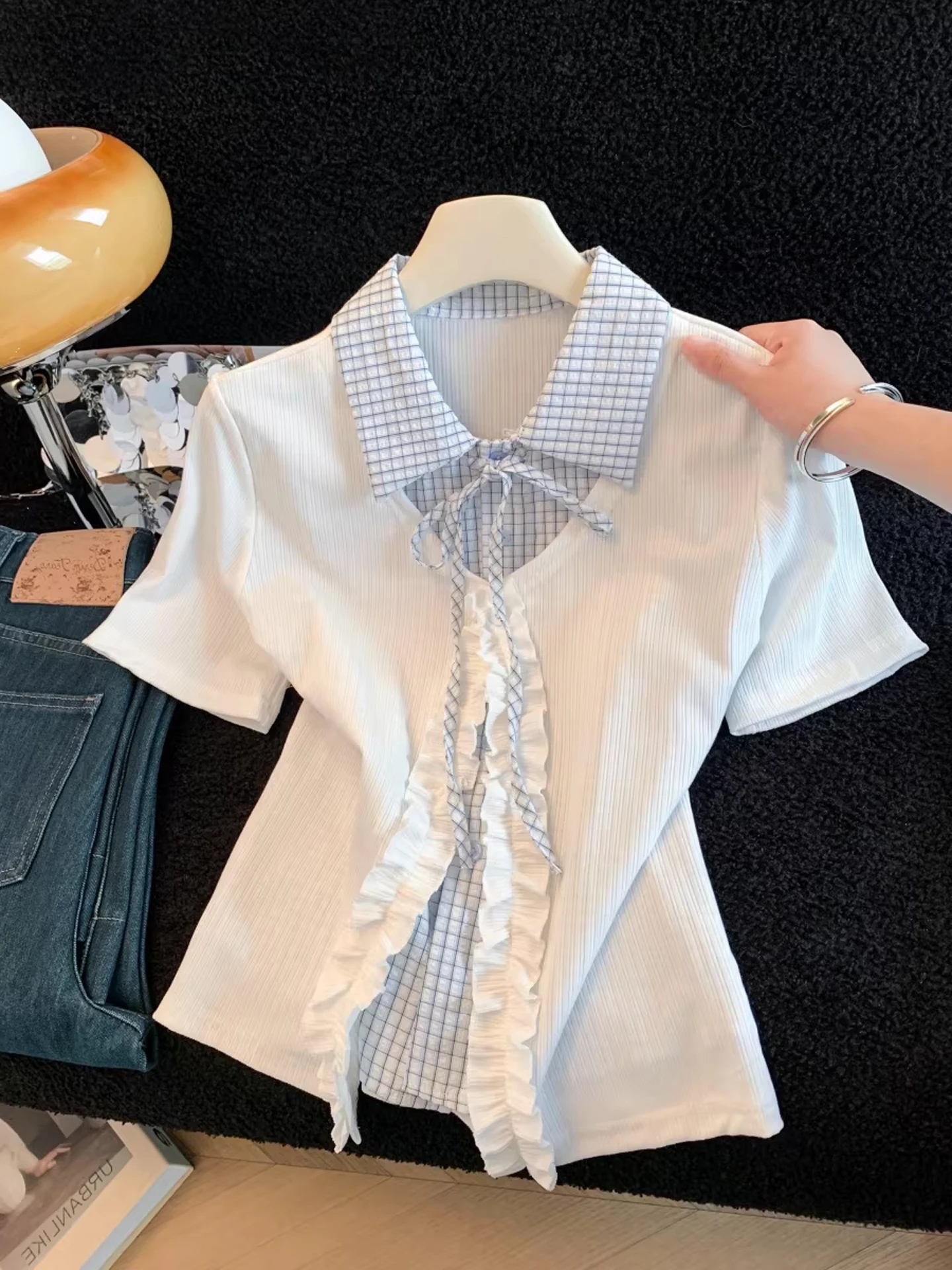 

South Oil High Quality Women's Shirt Korean Style Gentle Color Collision Plaid Short Sleeve Collar Button down Top
