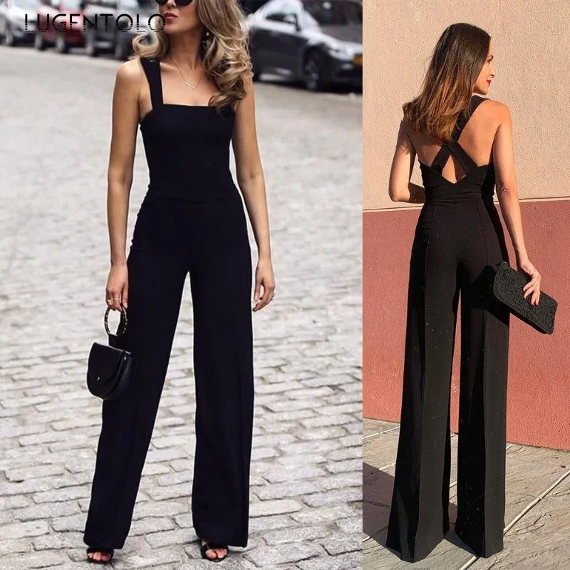

Women Sexy Suspenders Jumpsuits Backless Straight Leg Summer Lady Elegant Street Black High Waist Long Wide-leg Pants