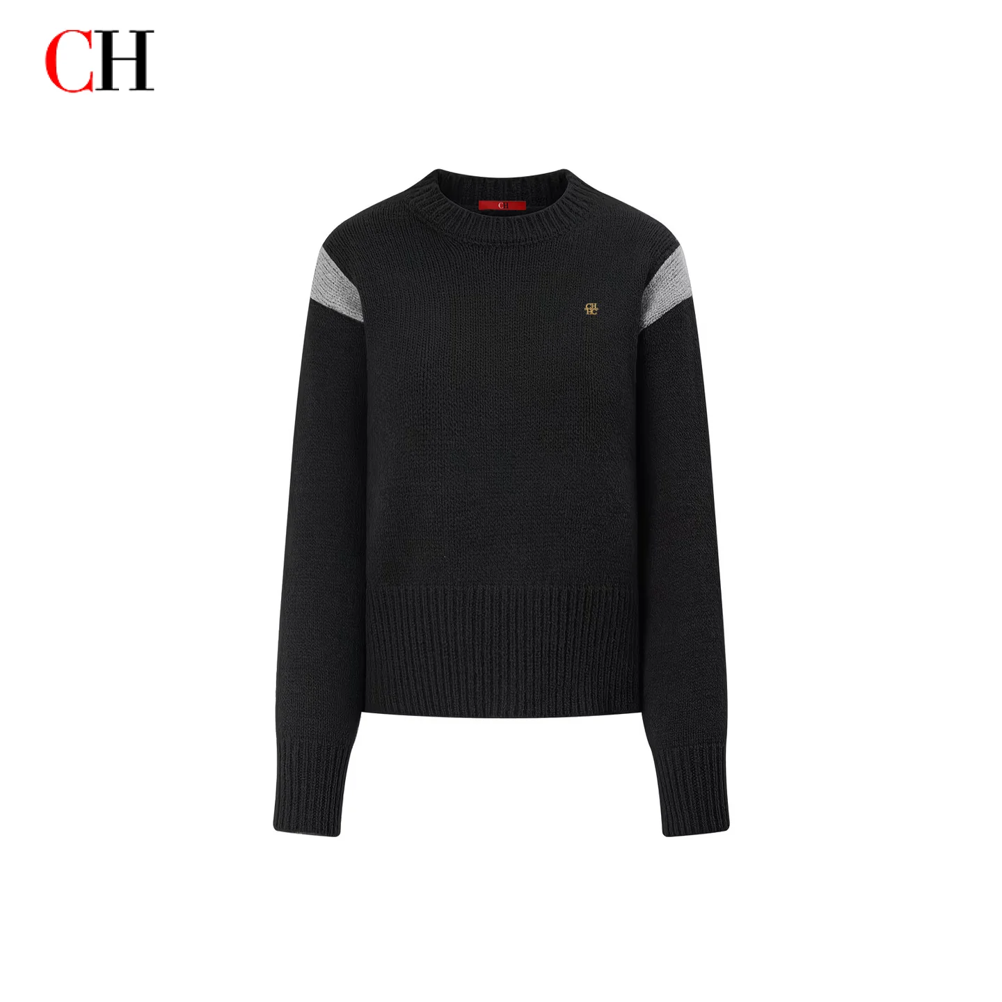 CH Crew Neck Knit Pullover Black Grey Shoulder Color Block Long Sleeve Ribbed Cuff Hem Tiny Embroidered Logo Casual Sweater