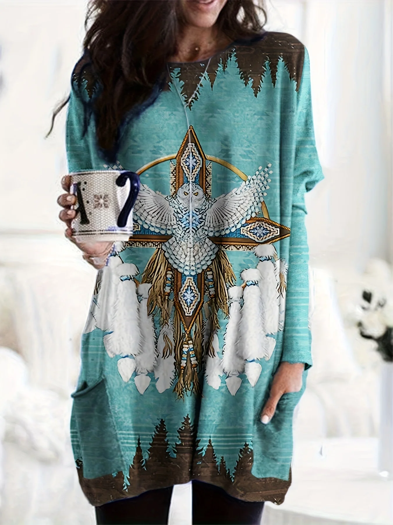 Vintage Print Long Sleeve V-Neck Button-Front Blouse Women's Classic Style Casual Blouse