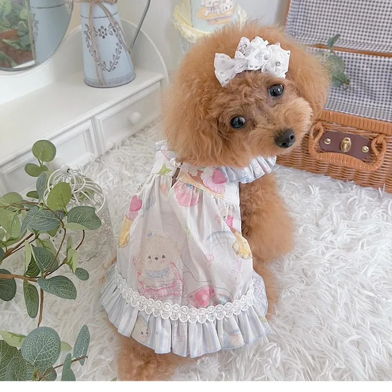 

Ins Puppy Dresses Dog Summer Dress Cartoon Pattern Printed Lace Ruffle Dress Outfits Teddy Chihuahua Poodle Clothes Cat Dress