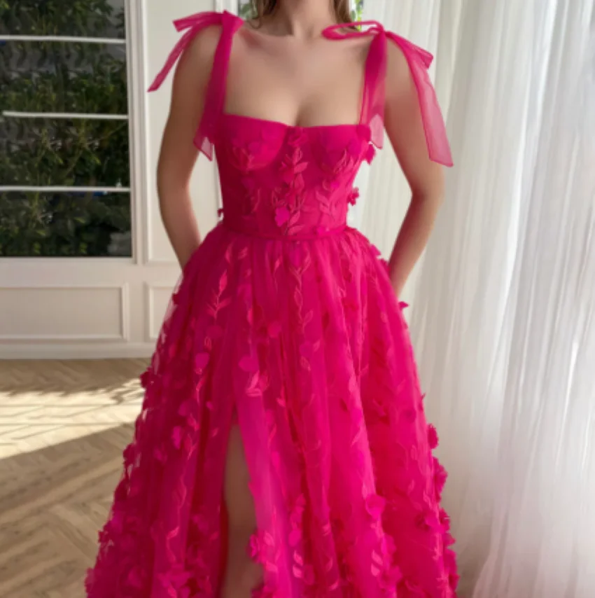 Applique 3D Fuchsia Flowers Prom Dresses Floor Length Celebrity Dresses Custom Sweetheart Evening Party Gowns with Slit