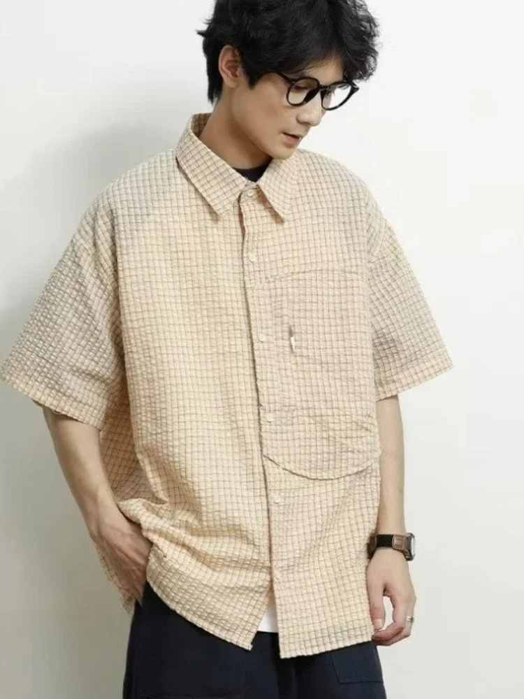 Plaid Shirts Men Vintage Loose Japanese Style Males Tops All-match High Street Chic Summer Half Sleeves Popular Comfortable New