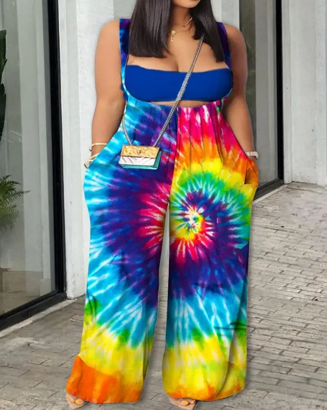 Two Piece Set Women Outfit 2024 Summer Sleeveless Tube Top & Tie Dye Print Wide Leg Casual Daily Long Suspender Jumpsuit Set