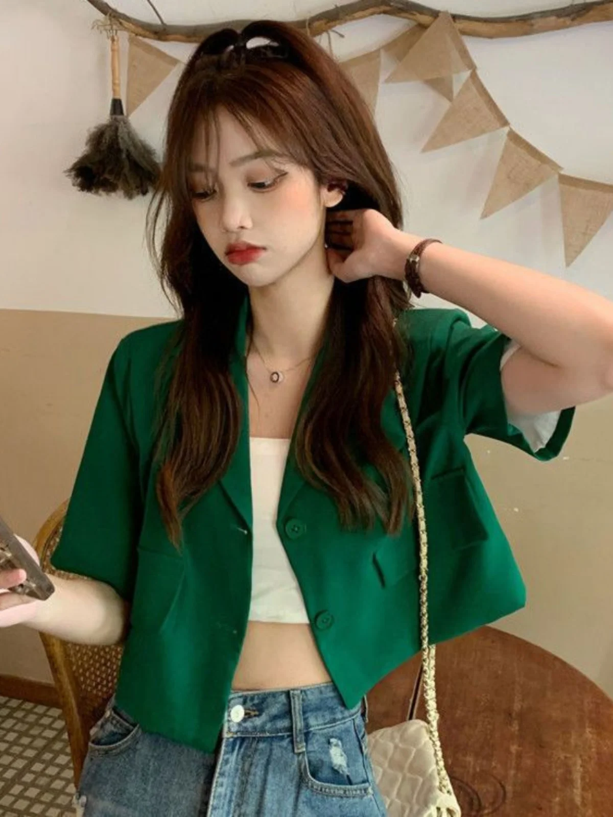 

ort Sve Suit Jaet Women's Sweet Cool Faion Small Western Clothes Street Sle Korean Version 2025 New Hot Girl