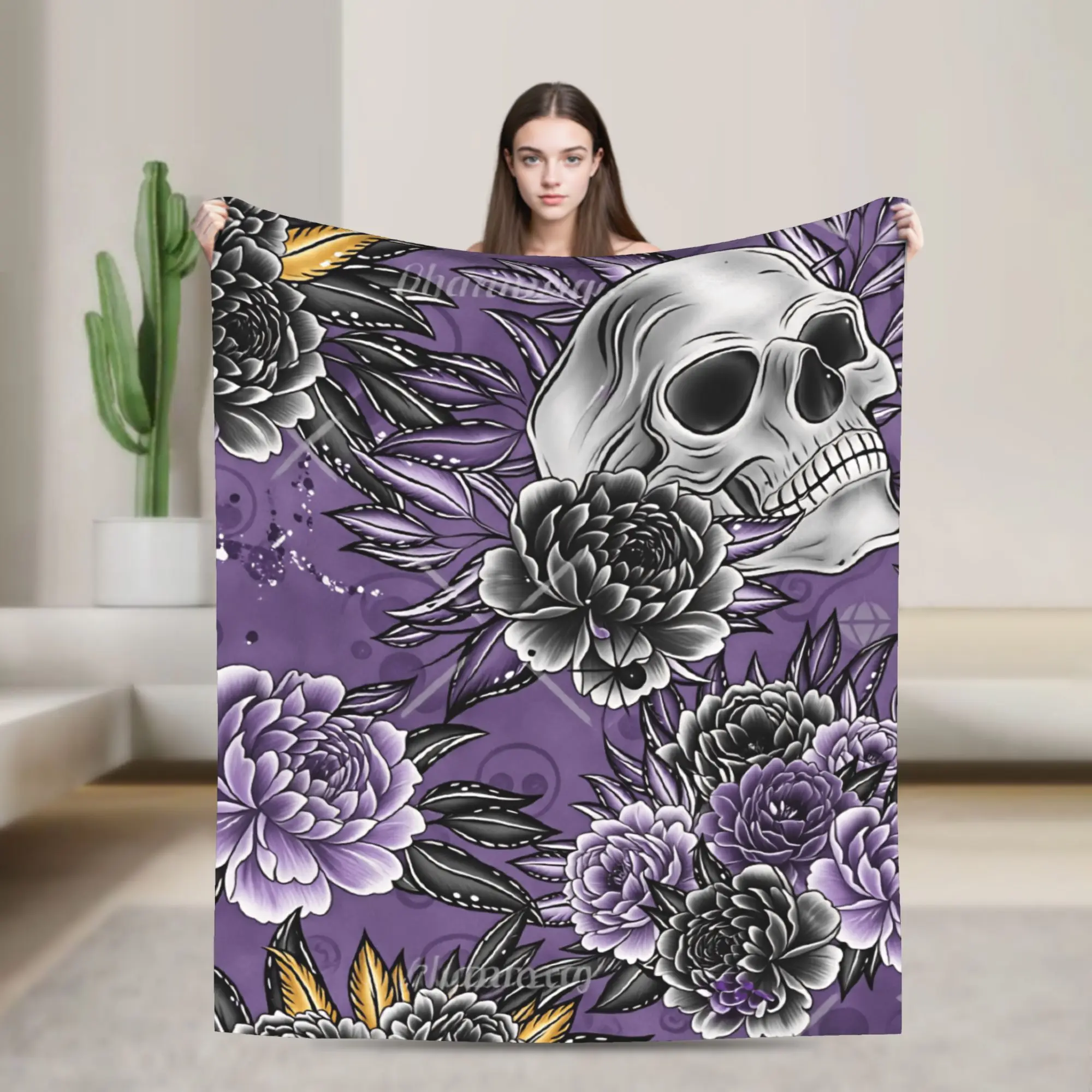 Skull Purple Peony Feather Seamless Pattern Soft Comfy Blanket For Living Room  Novelty Throw Blanket Winter Flannel Bedspread