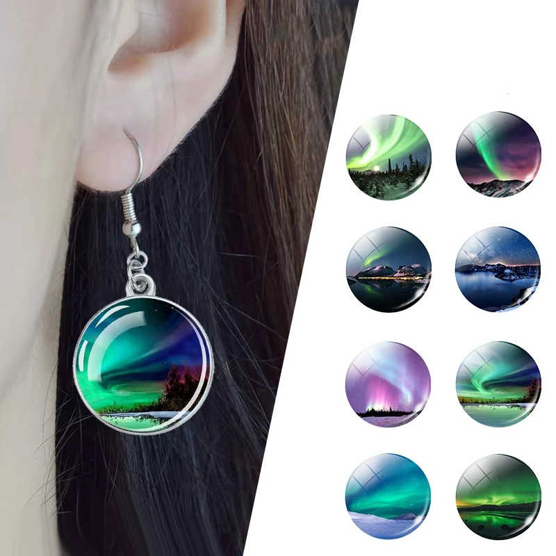 Northern Lights Art Picture Glass Cabochon Dangle Earring Silver Plated Alloy Drop Earrings Glass Cabochon Ear Jewelry