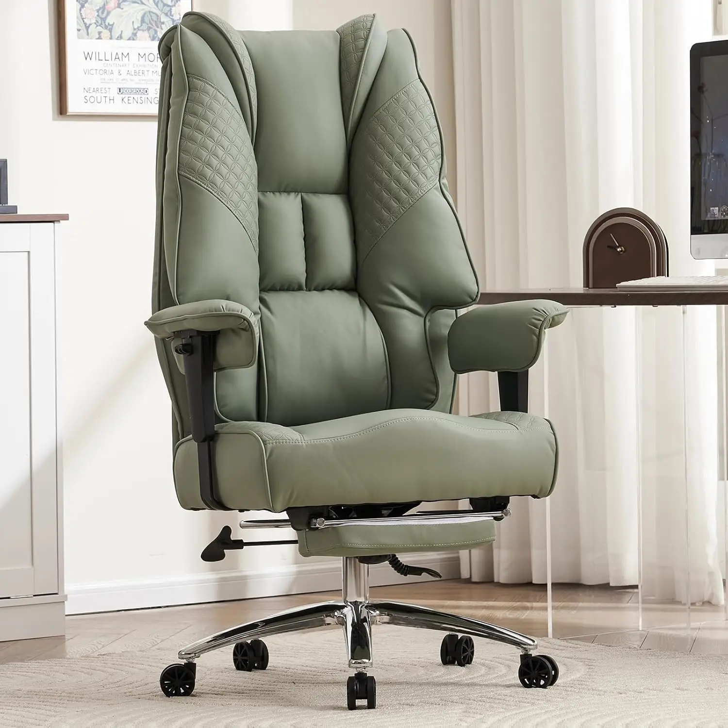 Silla de oficina grande y alta, asiento de 400 libras de ancho, silla de oficina ejecutiva de cuero con respaldo alto y reposapiés (verde claro)