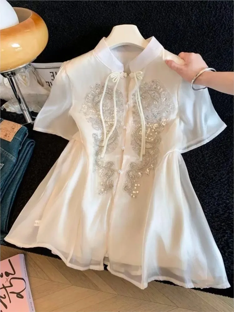 Heavy industry sequined short-sleeved chiffon shirt with a Chinese-style button-up and elegant