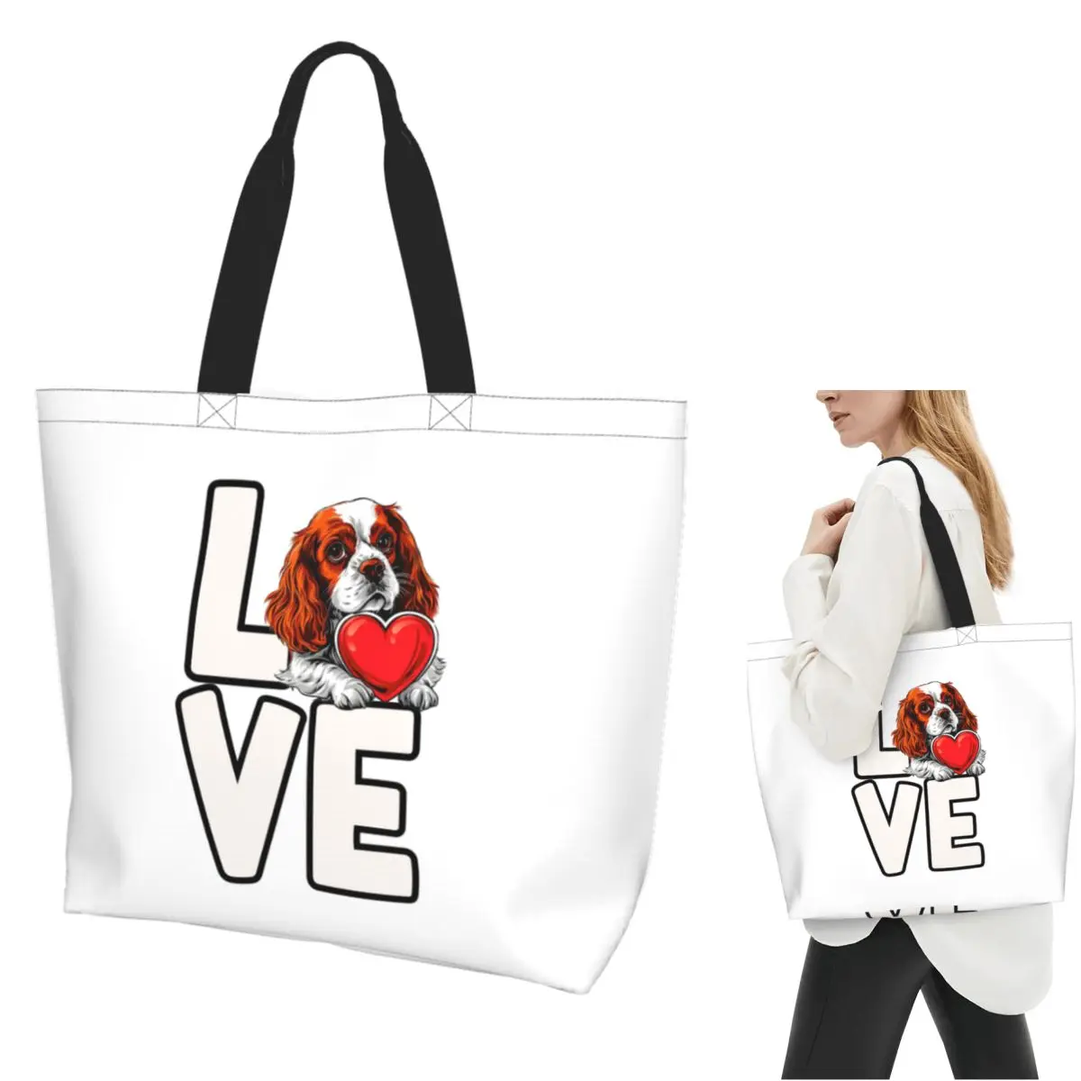 Cavalier King Charles Spaniel Dog Love Shopping Tote Bag Canvas Large Capacity Shoulder Bags Shopper Grocery Handbag for Women