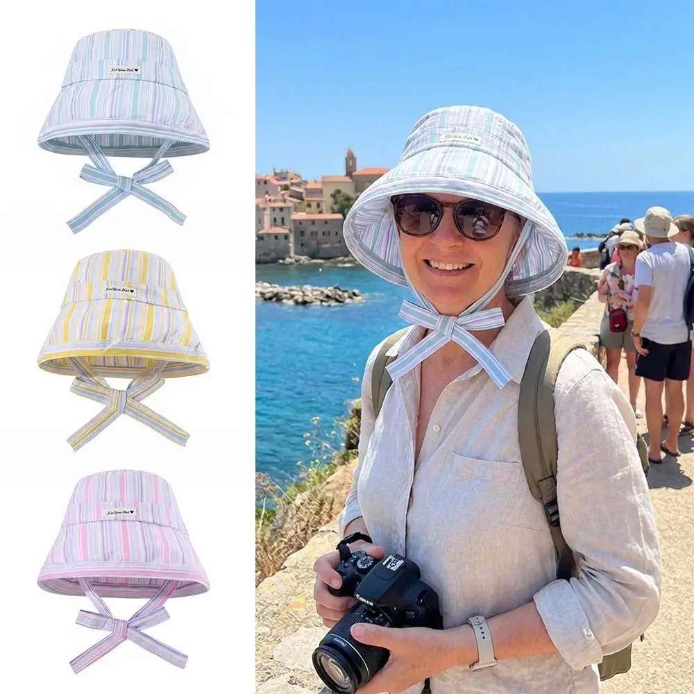 

Fresh Literary Lace-up Bucket Hat Large Brim Colorful Striped Sun Hat Thin Wide-edged Summer Cap Women