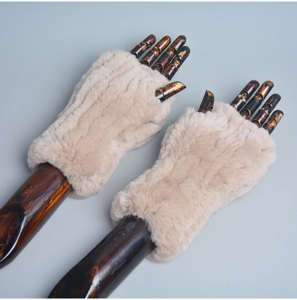 New Women 100% Real Genuine Knitted Rex Rabbit Fur Mittens Winter Warm Lady Real Fur Fingerless Gloves Handmade Knit Fur Mitten
