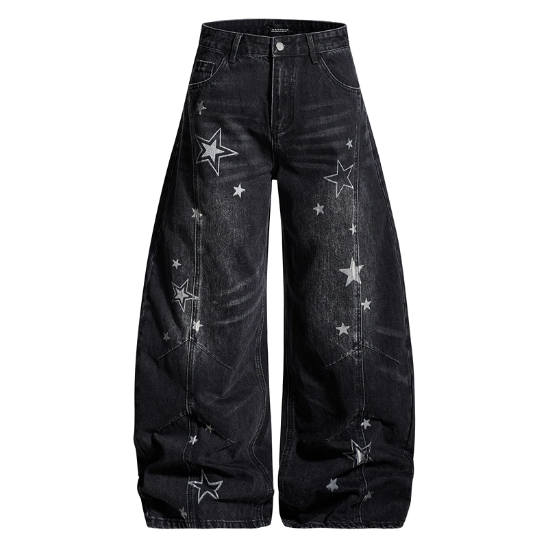 

GXFortune American Retro Star Print Deconstructed Knife Jeans Men's Loose Wide Leg Casual Long Pants Women's Casual Jeans