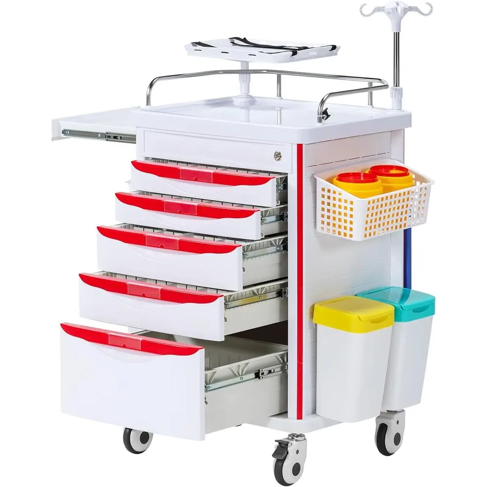 

Silent Rolling Medication Cart with Adjustable IV Stand, Trash Bin, O2 Holder, and Needle Disposal for Nursing and Medical Facil