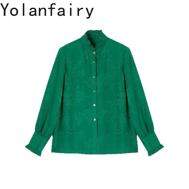 

YOLANFAIRY New 100% Natural Mulberry Silk Shirts Woman Elegant Spring Autumn Jacquard Loose Long Sleeve Shirt Womens Tops 여름 셔츠