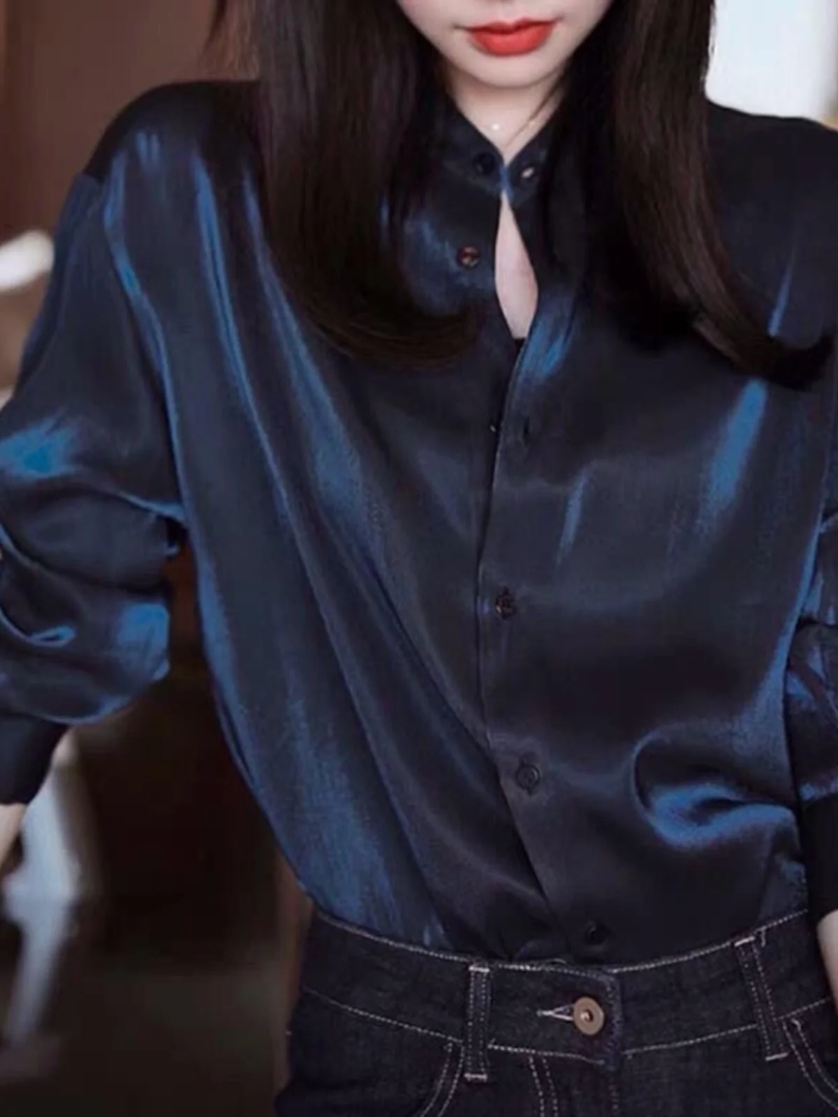 Frühling Neue Ankunft Luxus Licht Indigo Farbe frauen Lange Sve irt Stehkragen Basis Schicht Top Design Sensation Kleine Aud...