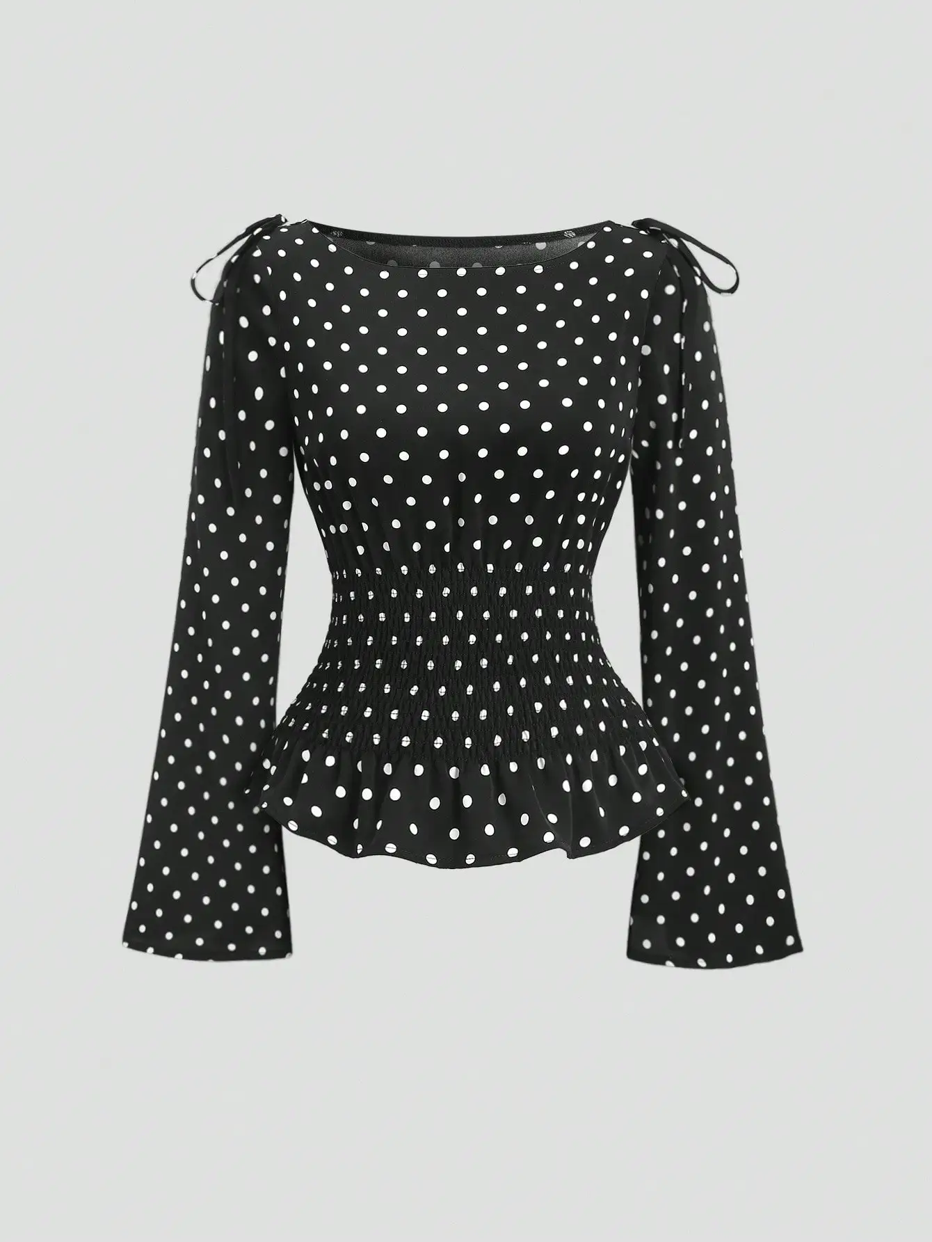 

Black White Polka Dot Bell Sleeve Blouse with Smocked Waist and Tie Shoulders