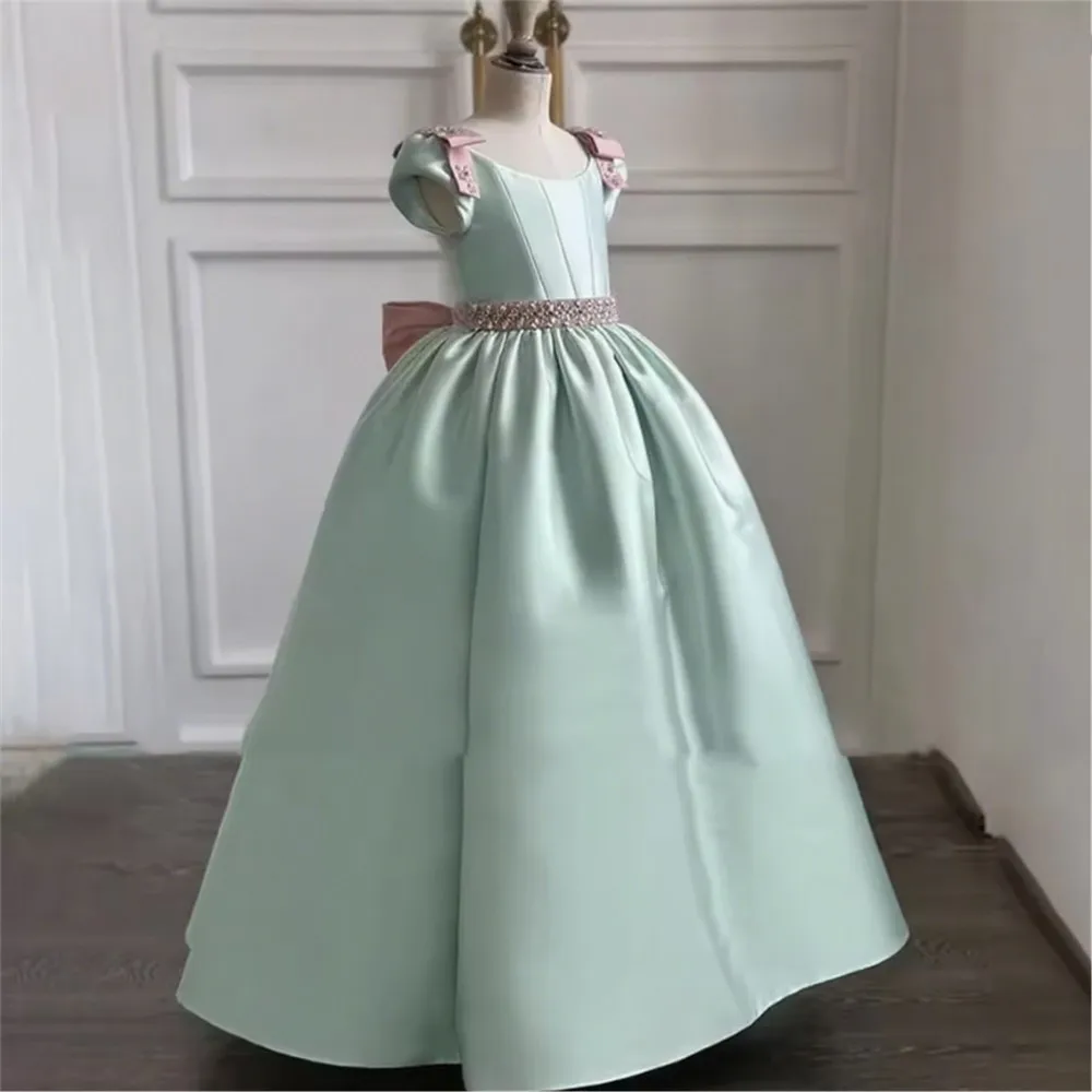 

Customized A-Line Flower Girl Wedding Dress Pure Satin Beaded Bow Pink Prom Gown Girls Birthday Party Prom Formal Occasion Gown