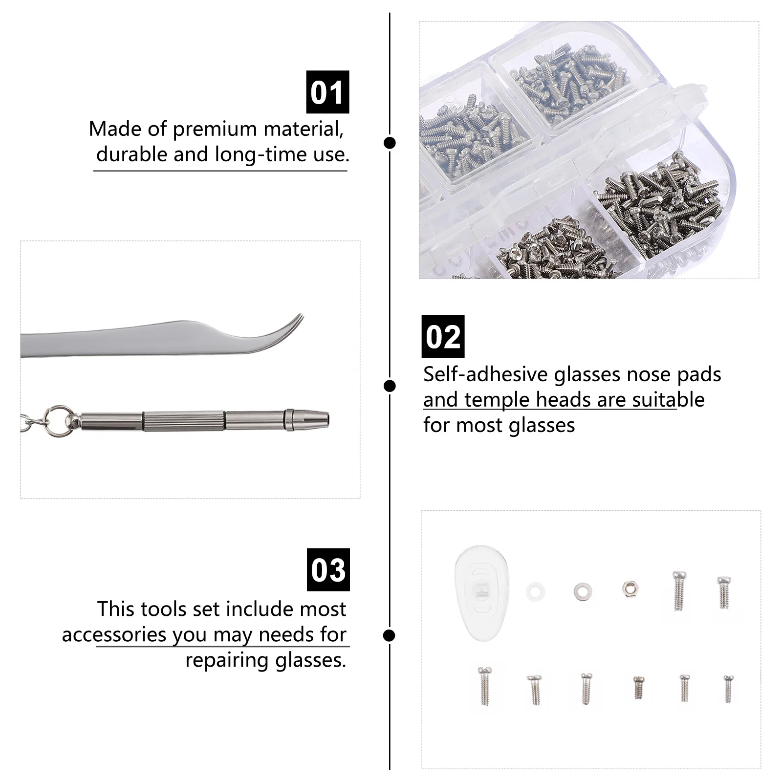 

Stainless Steel Silver Eyewear Repair Set Easy to Use and Install High Quality Eyeglass Maintenance Kit Glasses Repair Kit
