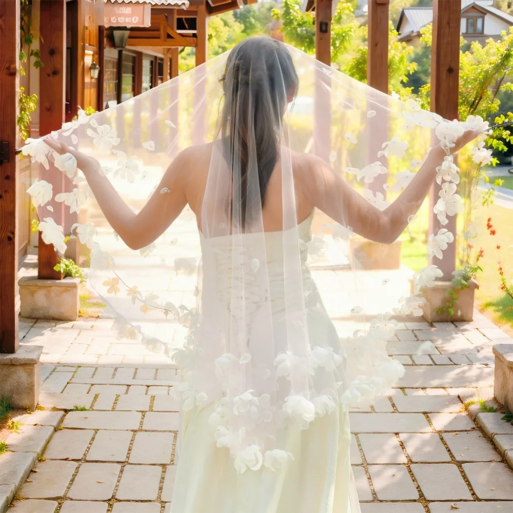

Pink 3D Beaded Flower Waltz Veil Wedding Bridal Veil No Comb Wedding Dress Wedding Props vestido de novia 웨딩 소품