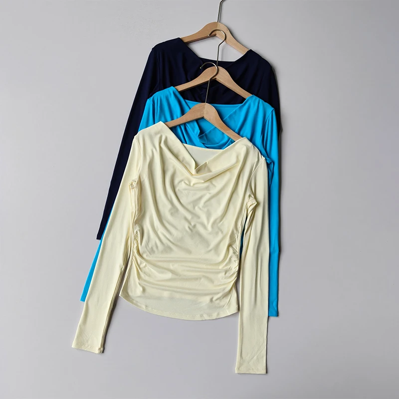 Autumn 2025 New Women's One-line Collar Pile Collar Slimming Bottoming Shirt Cotton Long-sleeved Slim Versatile Yoga Wear Top
