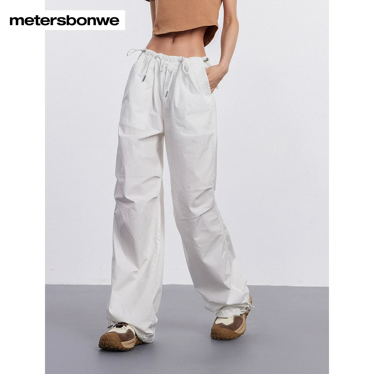 Metersbonwe-Women's Drawstring Loose Parachute Pants 100% Cotton Solid Color Woven Trousers Casual Simple New Summer