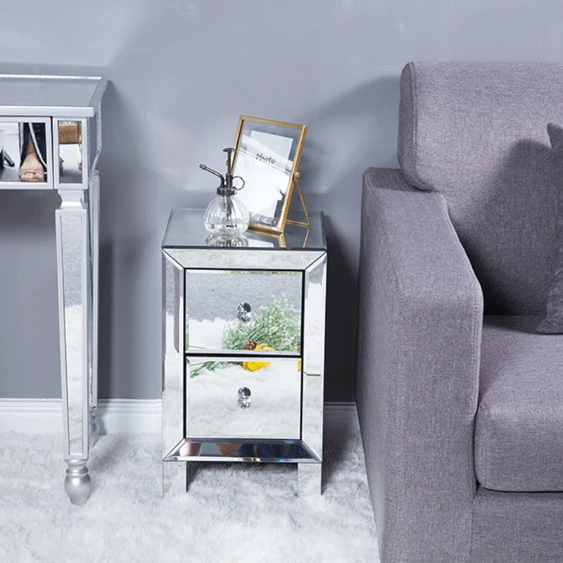 Double drawer cabinet, household silver mirror glass bedside table
