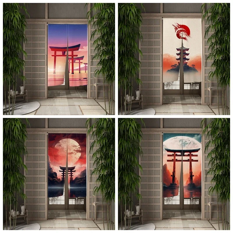 Japanese Shrine Door Curtain Moon Dining Room Door Decor Curtains Partition Curtain Drape Kitchen Entrance Hanging Half-Curtain