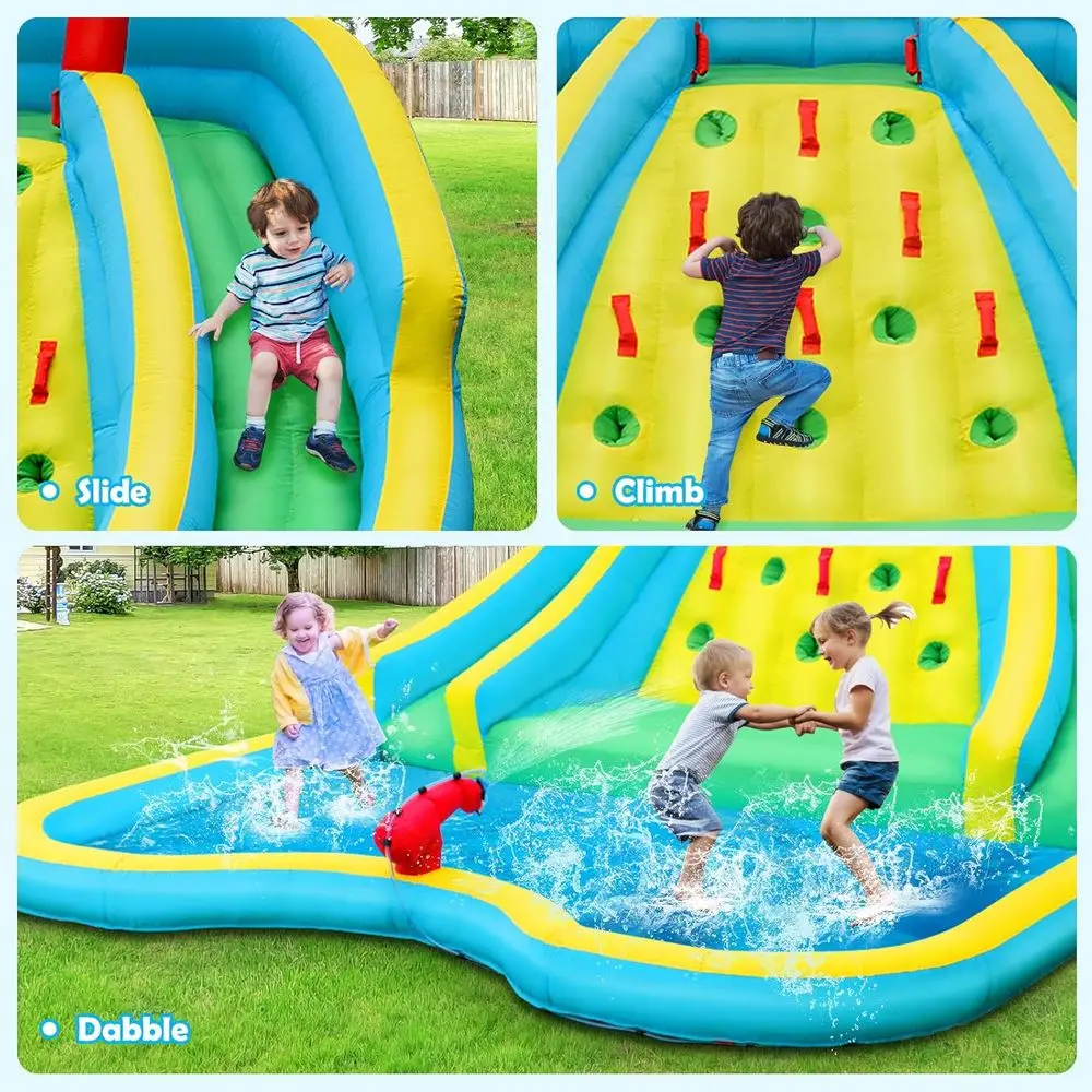Iatable waterglijbaan, gigantisch waterglijbaanpark voor kinderen achtertuin buitenplezier met dubbele lange glijbanen, 950 W blazer, klimmen