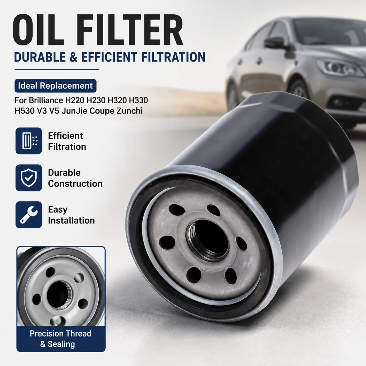 Filtre à huile durable, filtration efficace pour Brilliance H220 H230 H320 H330 H530 V3 V5 JunJie Coupe Zunchi, accessoire de voiture