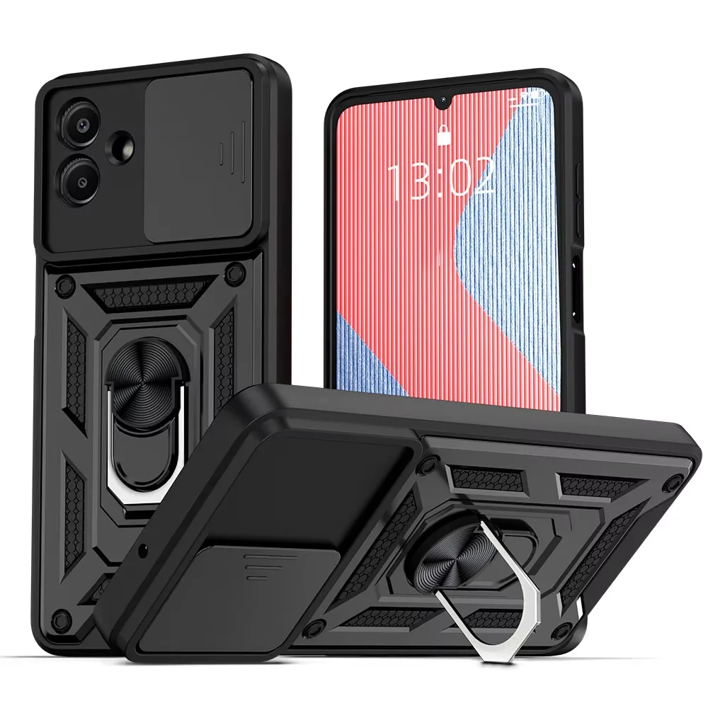 KEYSION Shockproof Armor Case for Samsung A07 4G Silicone+PC Slide Camera Lens Protection Ring Stand Phone Cover for Galaxy A07