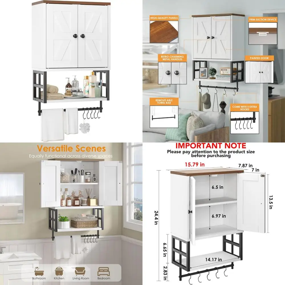 

farmhouse medicine cabinet for small bathroom wall mounted – 3-tier storage cabinet with adjustable shelf & towel bar, 2-door ca