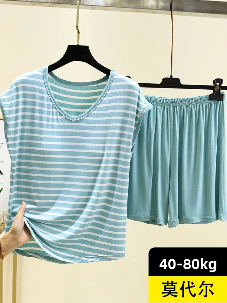 

Женский домашний комплект из модала: летний повседневный комплект из двух предметов с V-образным вырезом, полосатой футболкой и шортами, удобный и дышащий