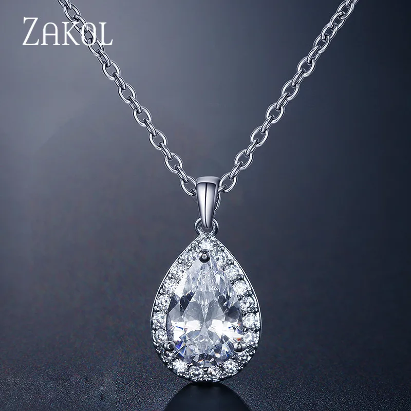 ZAKOL Trendy Water Drop Zircon Chain Pendant Necklaces Sparkling Tear Simple Zirconia Crystal Wedding Jewelry For Women FSNP3002