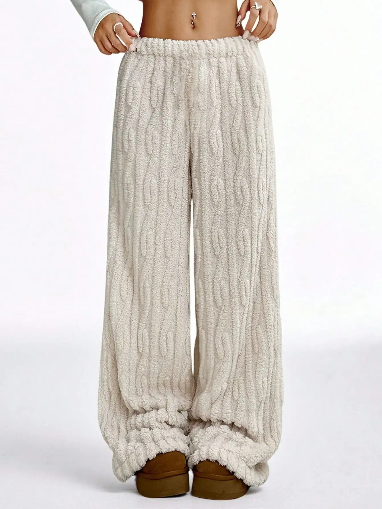 

Унисекс-брюки из мягкого флиса с широкими штанинами и текстурой косичной вязки для осени и зимы