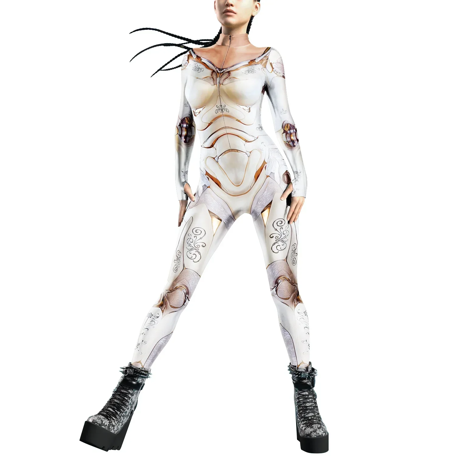 ฮาโลวีนคอสเพลย์เครื่องแต่งกายที่มีสีสัน Zentai บอดี้สูท Thumb ผู้หญิง Onesie ด้านหน้า Zipper Jumpsuit Burning Man ชุดเทศกาลผู้หญิง