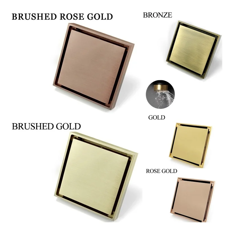 

Brass Shower Drain Bathroom Floor Drain Tile Insert Washroom Invisible Drain Cover Square Waste Floor Drain 10X10 CM Rose Gold