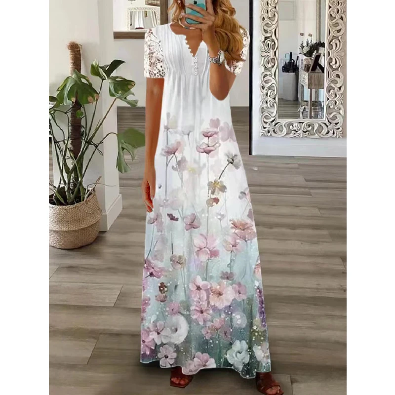 Women Lace Patchwork Floral Print Pleated Elegant Party Long Dresses Summer Trendy V-neck Short Sleeve Beach Maxi Dress Vestidos