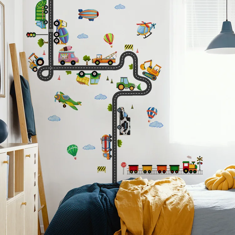 Cartoon Baufahrzeug Flugzeug Wandaufkleber Kinderzimmer Heimdekoration Wandbild Kinderzimmer Selbstklebende Kombinations-Tapete – Detail 4
