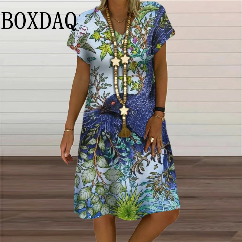 Painting Eagle Print Dress Summer Retro Plant Flowers Loose Plus Size Dresses Women Pullover Short Sleeve V-Neck Female Sundress