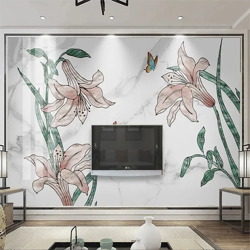 Custom Any Size Mural Wallpaper Metal Jazz White Marble New Chinese Floral Background Wall For Bedroom Papel De Parede Tapety 3D