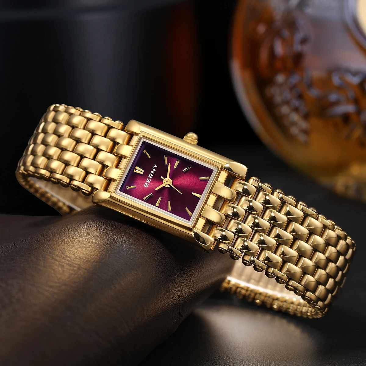 BERNY Gold Watch for Women Burgundy Red Fashion Casual Women Watches Stainless Steel Square Luxury Ladies Quartz Wristwatches