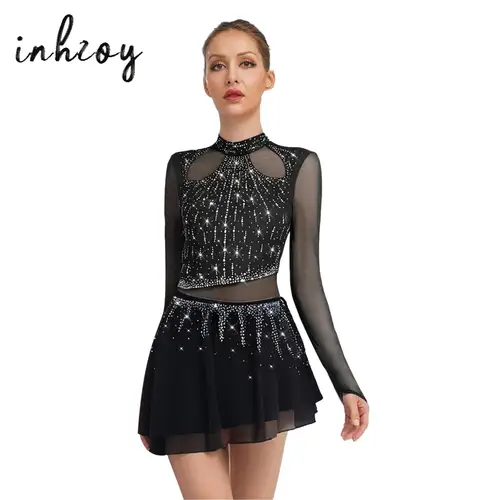 Vestido de leotardo de baile de Jazz para mujer, falda de gasa de manga larga con diamantes de imitación, traje de baile para actuación de baile latino de Jazz