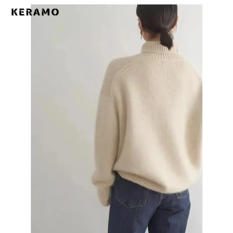 Women\'s Vintage Casual Knitting Long Sleeve Pullovers 2023 Winter Fashion Turtleneck Solid Ladies Loose Female Warm Sweater Top