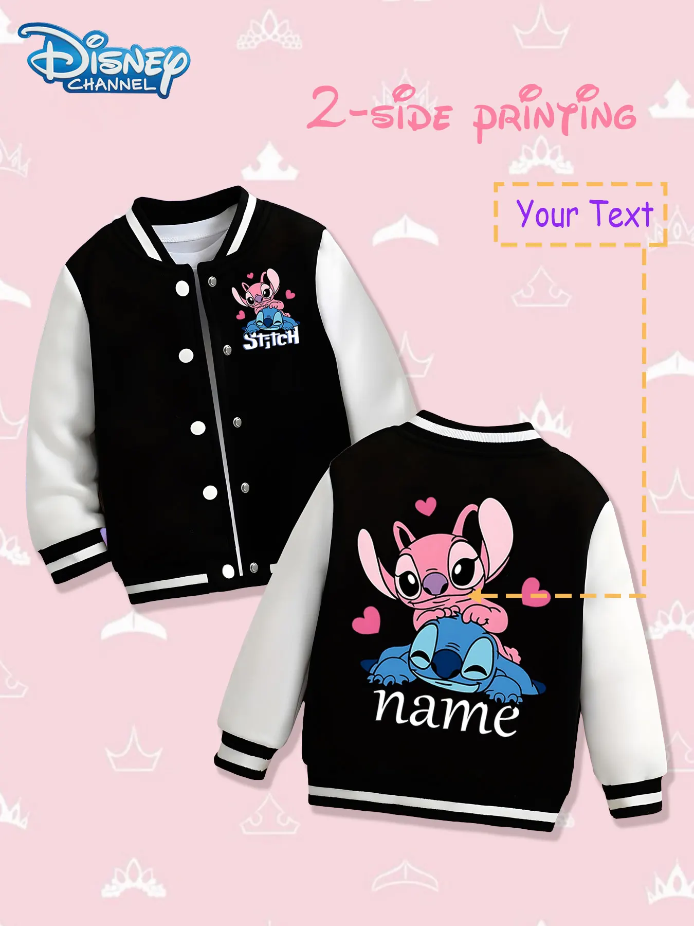 

MINISO Disney Stitch Cute Kids Baseball Jacket - Stitch's cute pink and blue design is presented on both sides, conveying a warm