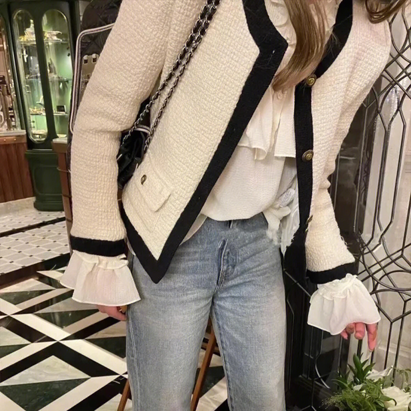 2023 spring small fragrance new style celebrity elegant pocket tweed color contrast three-dimensional fashion suit short jacket