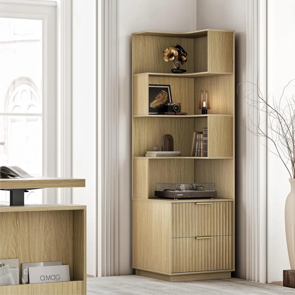 71-Inch Tall Corner Bookshelf with Drawers and 5-Tier Storage Display Rack