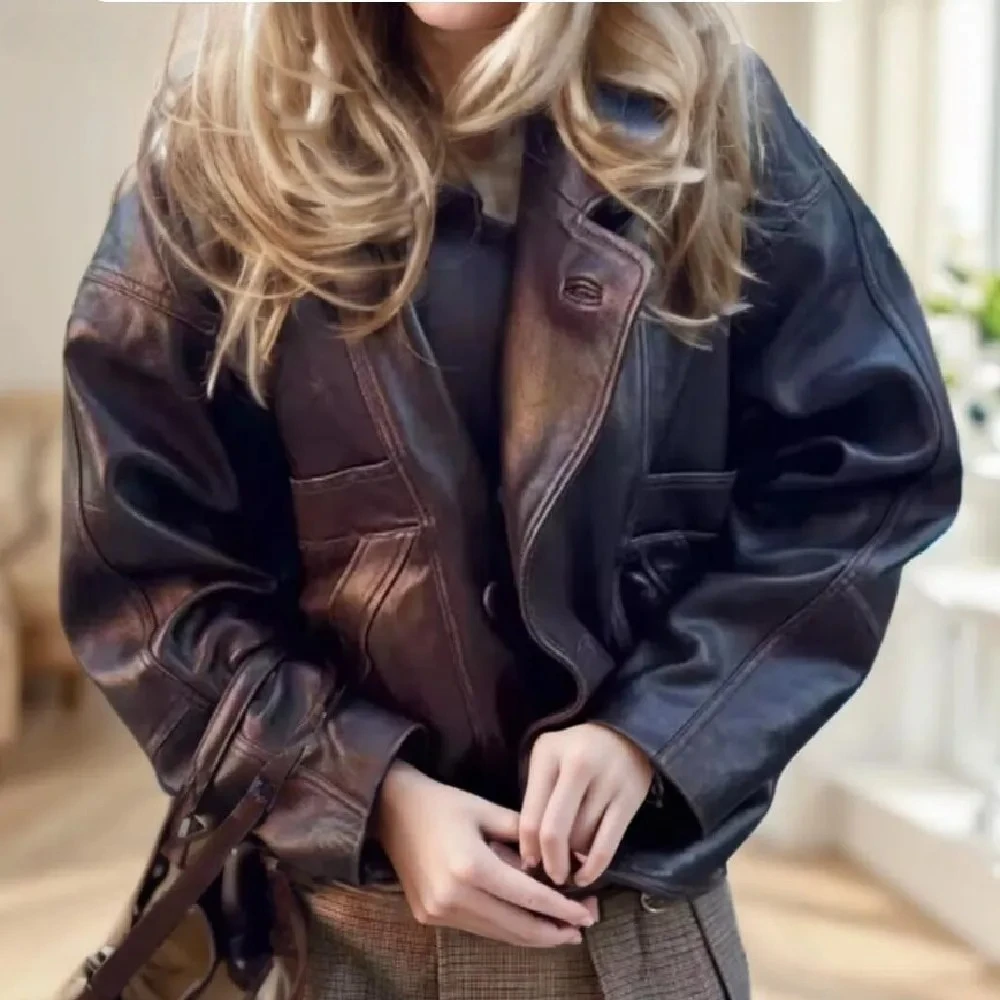 2025 Autumn American Retro Women Washing Black PU Leather Jacket Lapel 3 Buttons Full Sleeve Oversize Coat Loose Short Outerwear