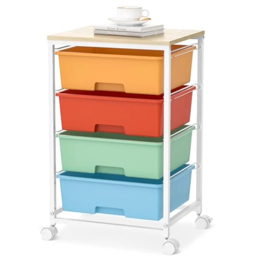 

Utility-Rolling-Storage-Drawer-Craft-Cart-Organizer with 4 Drawers and Wooden Tabletop and Lockable Wheels for Home Office, Bed